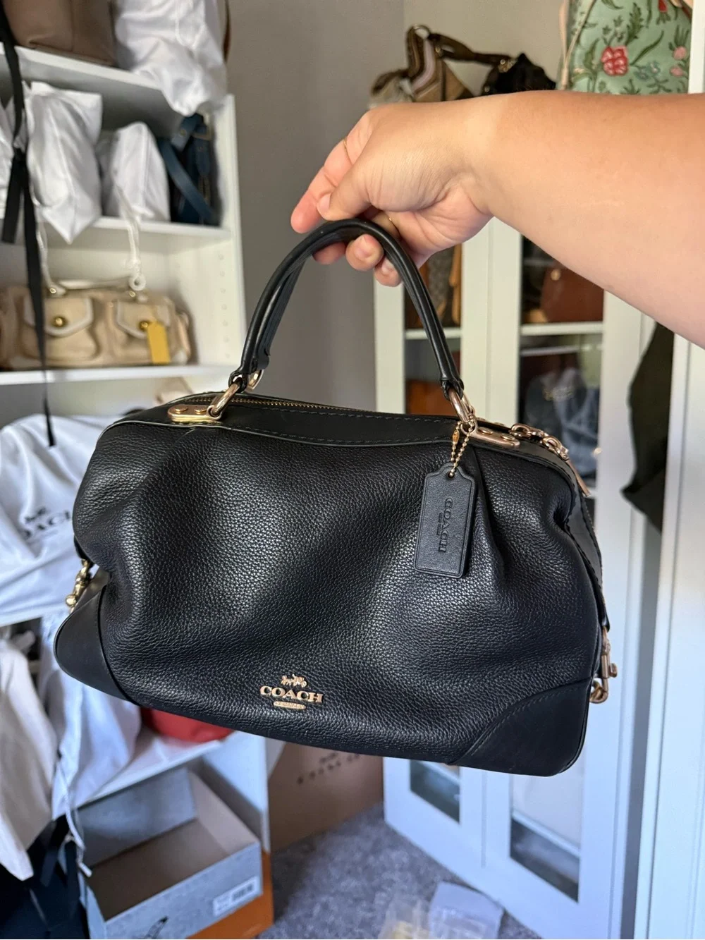 Coach Lane Satchel Black Pebbled Leather Satchel with Gold Hardware